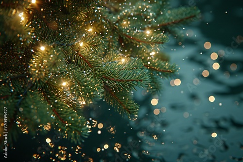 Christmas tree branch with bokeh lights and snowflakes background
