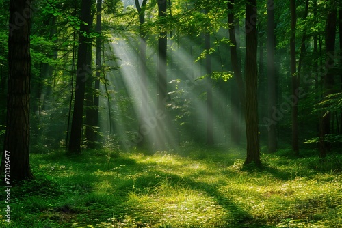 Morning in the forest with sunbeams and rays of light