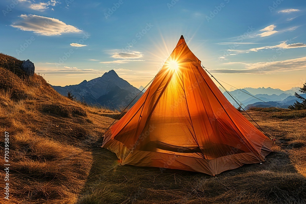 Camping in the mountains at sunset,  Beautiful summer landscape in the mountains