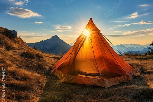 Camping in the mountains at sunset, Beautiful summer landscape in the mountains