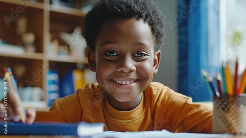 Smiling African Child Boy Doing Homework at Home. Kid, American, Desk, Education, Learn, Happy, Smile, Person, Children, Student, Study, Book, Childhood, Classroom, Son, Exercise
 photo