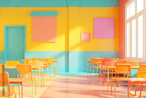 A brightly colored school room with many orange chairs and tables