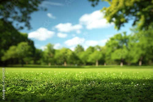 Green grass and blue sky with white clouds, Nature background