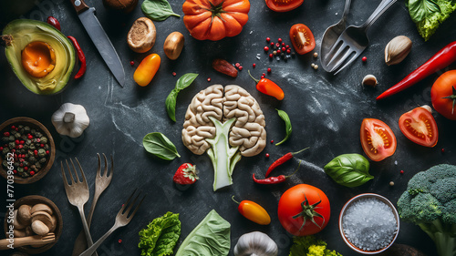 A cauliflower brain centerpiece on a dark surface surrounded by fresh vegetables and herbs, representing brain food.
