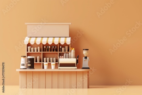 A white and brown cafe with a white awning and white walls