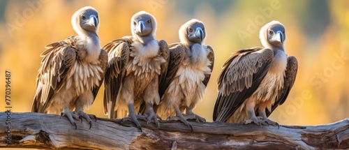 A group of vultures sit on a log waiting for opportunities 