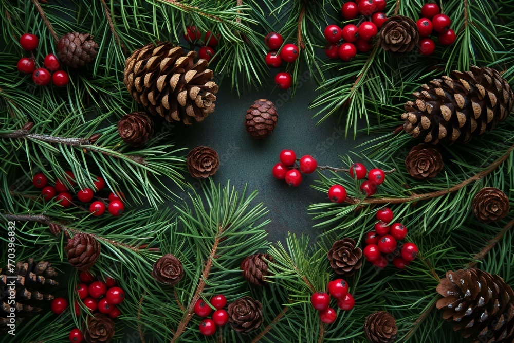 Christmas background with fir tree branches, berries and cones on dark background