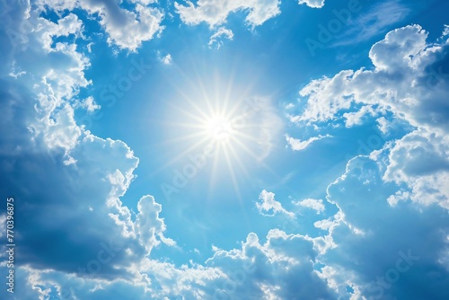 Blue sky background with white clouds and sun, Abstract nature background