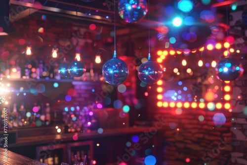 A bar with a disco ball hanging from the ceiling