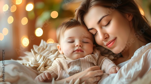 baby care, cute baby sleeping soundly in mother arm photo