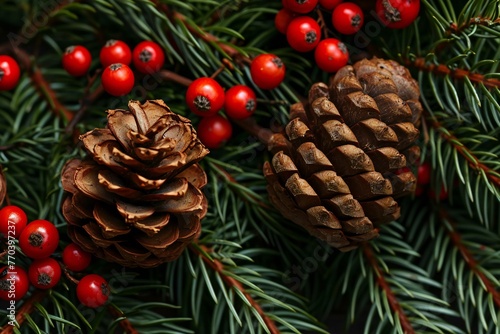 Christmas fir tree branches with cones and rowan berries  closeup