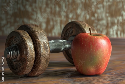 A apple sits on top of a dumbbell