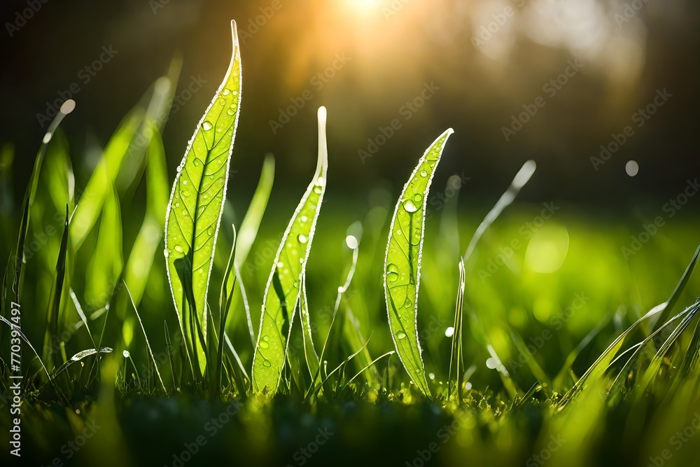 A close-up of dewy green grass blades illuminated by the soft morning light, with an autumn leaf resting nearby. - obrazy, fototapety, plakaty 