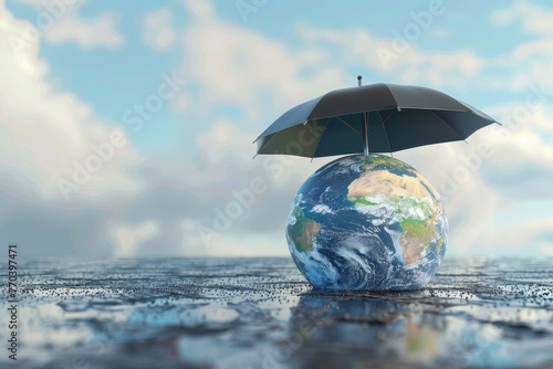 A blue umbrella is covering a globe photo