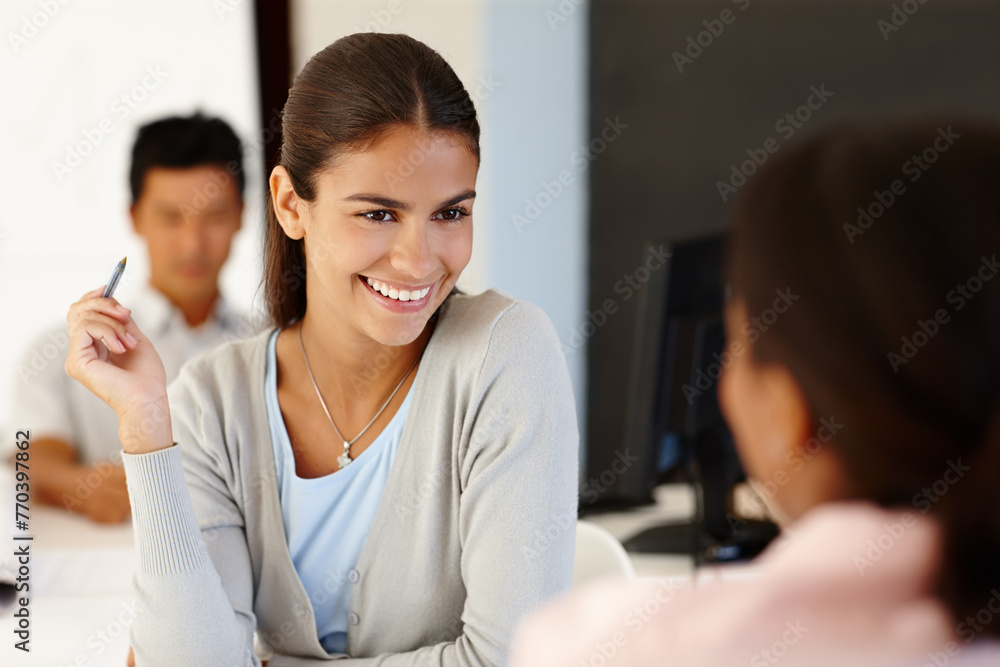 Hiring, job interview and business woman with pen in office meeting for onboarding, training or questions for hr. Recruitment, discussion or female candidate with manager for deal, negotiation or faq Hiring, job interview and business woman with pen in office meeting for onboarding, training or questions for hr. Recruitment, discussion or female candidate with manager for deal, negotiation or faq