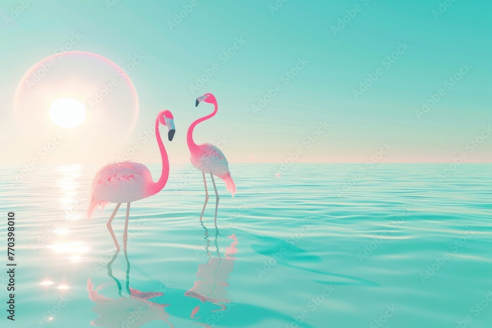 Fototapeta premium Two pink flamingos standing in the water in front of a blue sky