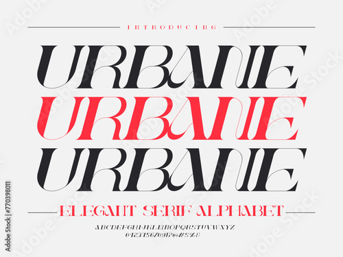 Vector of stylized modern elegant serif alphabet design with uppercase, numbers and symbols