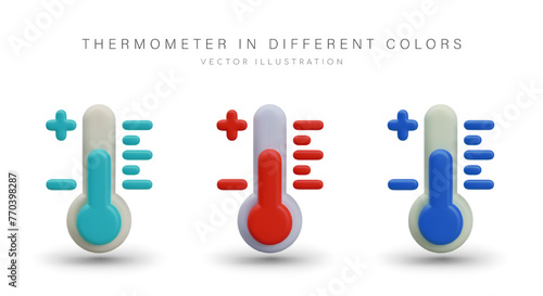 Set of thermometers of different colors. Red, green, blue device for measuring temperature