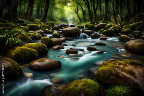 A refreshing countryside brook, its clean waters winding through a scenic, untouched wilderness.