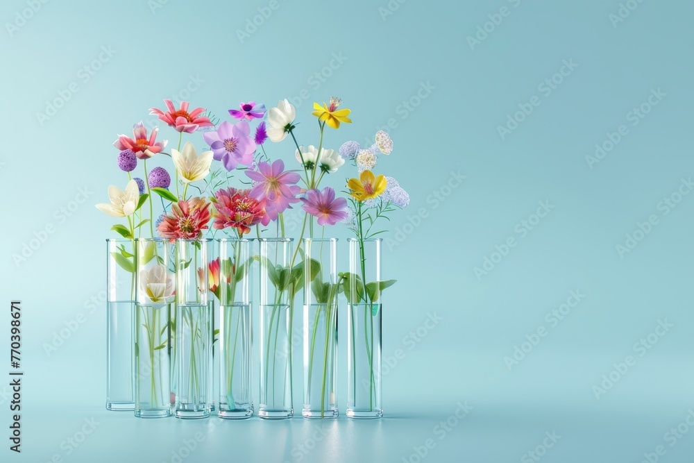 A row of vases filled with different colored flowers