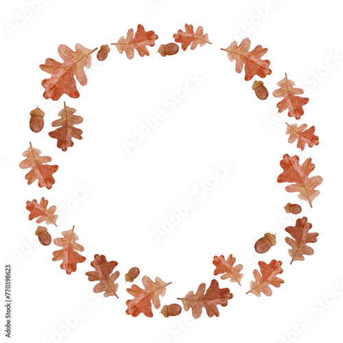 An oak leaf and acorn wreath with an acorn watercolor isolated on white