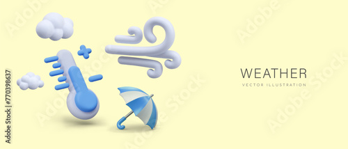 Weather concept in 3D cartoon style. Blue thermometer, wind, umbrella, cloud