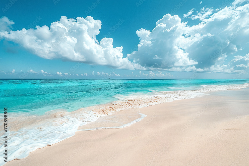 Photo of empty sandy beach with azure sea and small waves. Summer rest concept in exotic places