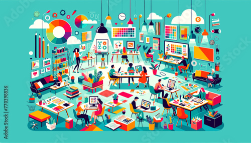 Image concept of an innovative workspace for creative professionals. Vector illustration.