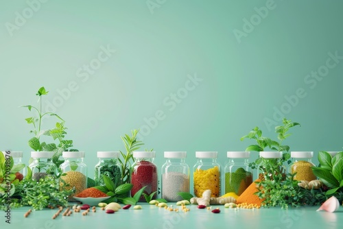 A row of glass jars filled with various herbs and spices