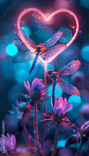 A pair of dragonflies in love feelings on flowers with a neon heart. Summer fairytale card. © Ренат Хисматулин
