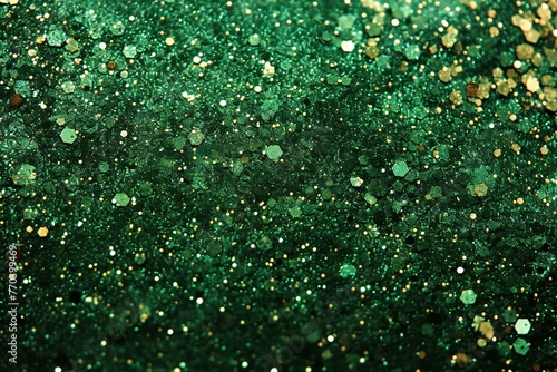 Green glitter vintage lights background, green and gold, de-focused