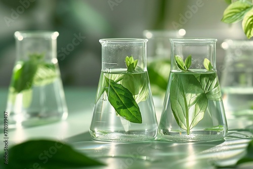 Laboratory glassware with fresh basil leaves on table, closeup photo