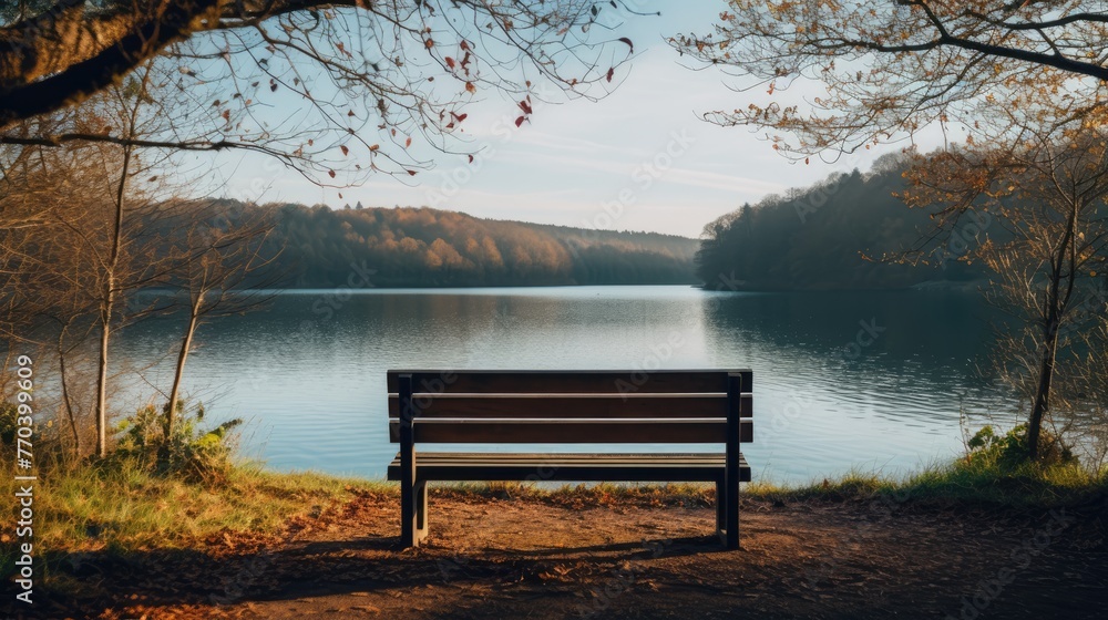 Bench by the lake, Simple wooden bench overlooking a placid lake surrounded by nature