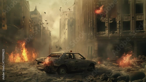 War destroyed buildings, damaged car, explotion marks, several injured people, explotions, fire, soldiers, and casualties seamless animation looping video 4K photo