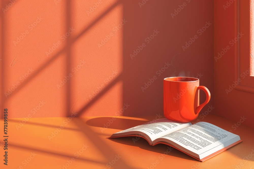 Fototapeta premium A coffee mug sits on a table next to an open book