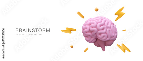 Brainstorm concept. Lightning bolts fly out of pink realistic brain. Hard work, power of thought