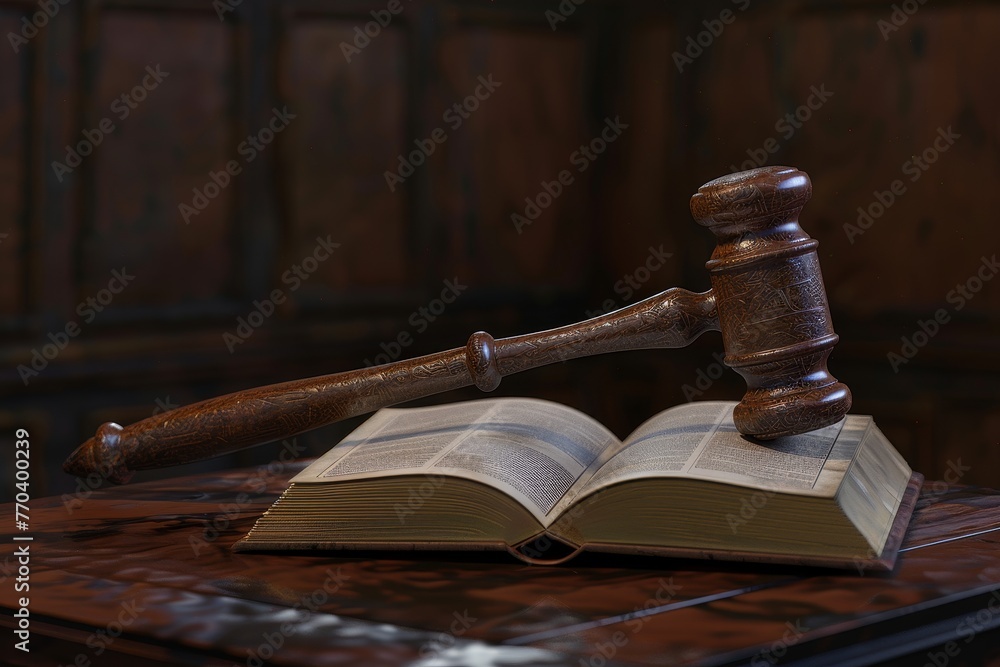 A wooden gavel rests on top of an open book