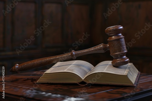 A wooden gavel rests on top of an open book