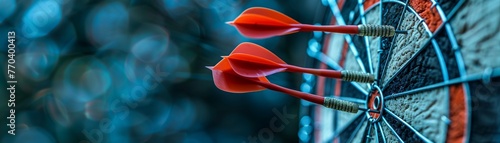 Witness the precision of success as red darts arrows find their mark at the target center against the backdrop of a dark blue sky, embodying Business target or goal achievement, photo