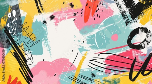 Abstract expressionism concept. Vibrant background with bold brushstrokes and scribbles in a mix of yellow, pink, blue, and black, suitable for dynamic wallpaper or creative graphic designs.