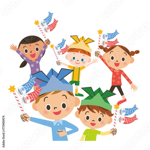 鯉のぼりを持ってる子供逹のイメージ