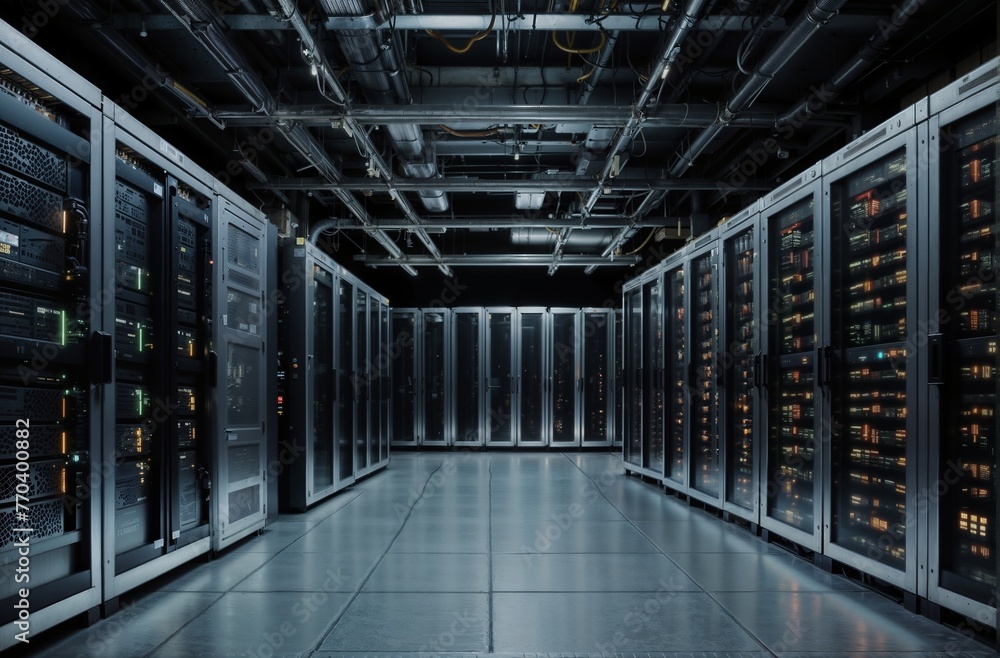 Data center interior, server hall, servers Data center interior, server hall, servers