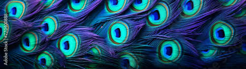 Macro texture of vibrant peacock feathers with iridescent eyespots. photo