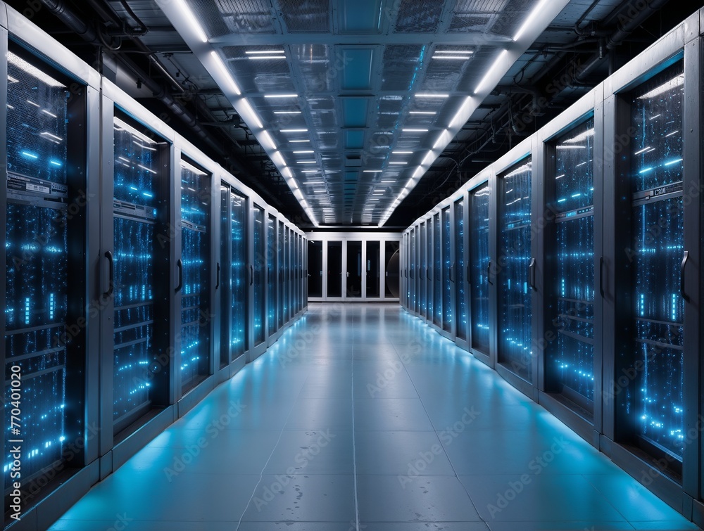 Data center interior, server hall, servers Data center interior, server hall, servers
