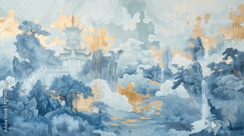 Chinese style architectural meticulous painting landscape abstract poster background