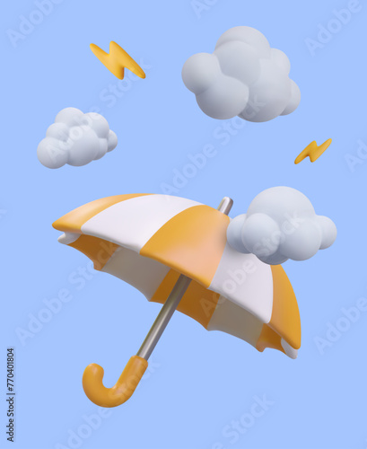 Realistic umbrella, clouds with lightning. Concept of bad weather on blue background