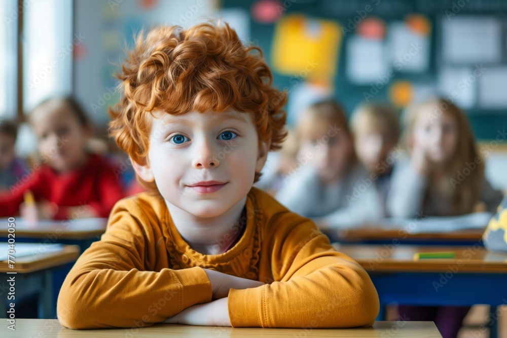 Smiling child is depicted sitting at a desk in a classroom, kindergarten or preschool setting. Other boys and girls blurred in the background. Cheerful learning environment of childhood education. Smiling child is depicted sitting at a desk in a classroom, kindergarten or preschool setting. Other boys and girls blurred in the background. Cheerful learning environment of childhood education.