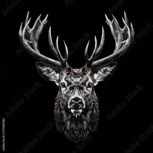 Majestic regal deer head on a black background. Decorative illustration