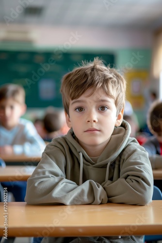 Smiling child is depicted sitting at a desk in a classroom, kindergarten or preschool setting. Other boys and girls blurred in the background. Cheerful learning environment of childhood education.