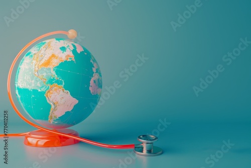 A globe and stethoscope are placed on a table